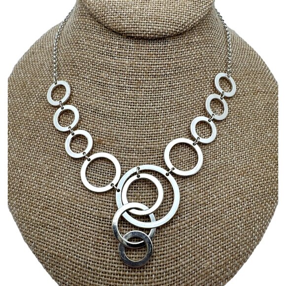 Silver Tone Multi Circle Link Necklace Circular Statement Adjustable - Picture 9 of 9